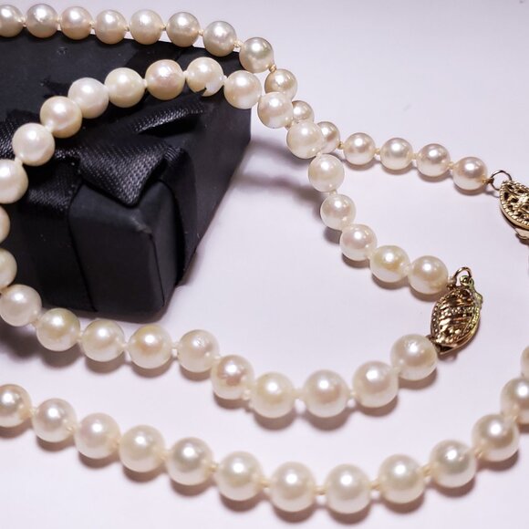 Estate 5.1mm Natural Cultured Pearl 18" &6.75" knotted 14Kt Yellow Gold Set23113 - Picture 2 of 5